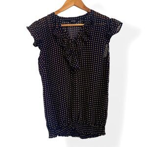 Navy Blue Blouse with Gold Polkadots and Ruffled Details